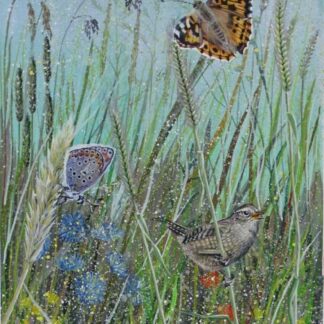 Painting of a wren with butterflies on flowers. Stunning original art for sale in online gallery by Irish artist