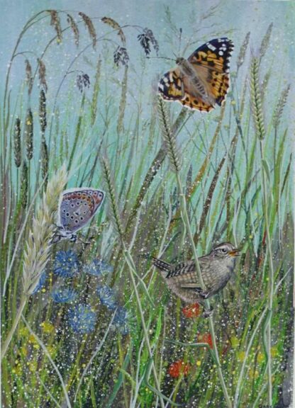 Painting of a wren with butterflies on flowers. Stunning original art for sale in online gallery by Irish artist