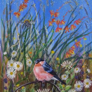 Original painting of a Bullfinch in flowers. Beautiful art for the home or gift idea for loved ones, memorable gift ideas