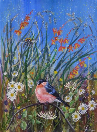 Original painting of a Bullfinch in flowers. Beautiful art for the home or gift idea for loved ones, memorable gift ideas