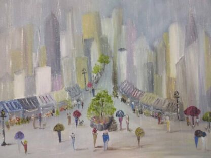 Original painting of a street scene in the rain. Art by Irish artist for sale in Irelands online art gallery