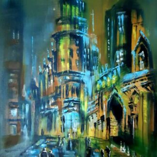 Original piece of fine art for sale in online gallery. Quality street scene painting. Irish art with free delivery within Ireland