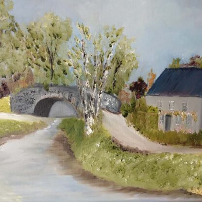 Original oil painting of an old cottage and bridge on the Grand Canal near Ballycommon in Co. Offaly.