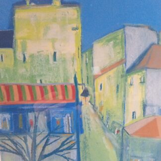 Original pastel artwork of a French Town at dusk in the Languedoc region of the South of France.