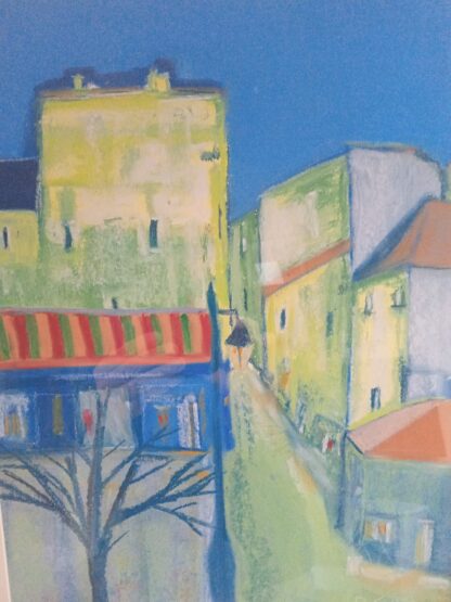 Original pastel artwork of a French Town at dusk in the Languedoc region of the South of France.