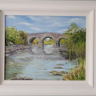 Original oil on canvas painting depicting a typical stone bridge . This one is to be found just outside Castlebar. Pat Randal was the engineer responsible for its construction a couple of hundred years ago. One can imagine sitting by the bank relaxing to the sound of the water or fishing.