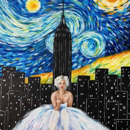 Painting based on Van Gogh's starry night with the legendary Marilyn Morneau in the center. In the background is New York at night. The work is done with acrylic paints on canvas on cardboard.