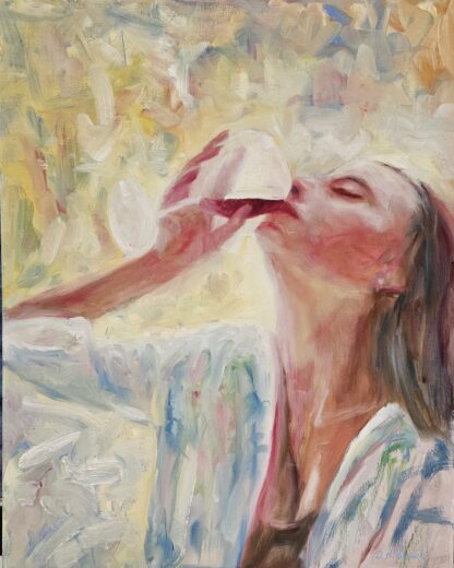 Figurative Oil painting of a woman having a glass of wine. Check out more of his artwork for sale on art4you.ie