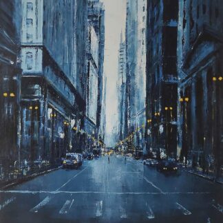 This is an original oil on canvas depicting a subdued street scene in azure, highlighted with vibrant yellow drops