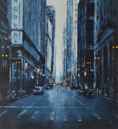 This is an original oil on canvas depicting a subdued street scene in azure, highlighted with vibrant yellow drops