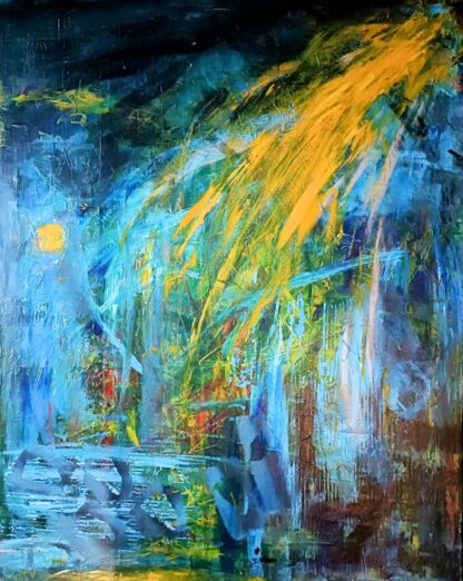 This abstract painting depicts summer rains. It is richly textured, vibrant and energetic. The black in this painting is enhanced by the use of silver and other metallic colours.