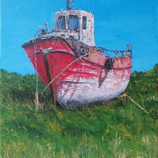 Painting of A long abandoned fishing vessel near the harbour and beach of Kilmore Quay in Wexford, Ireland. Taken on a sweltering Summer afternoon with clear skies. This image and it's silent subject evokes a sense of freedom and nostalgia.