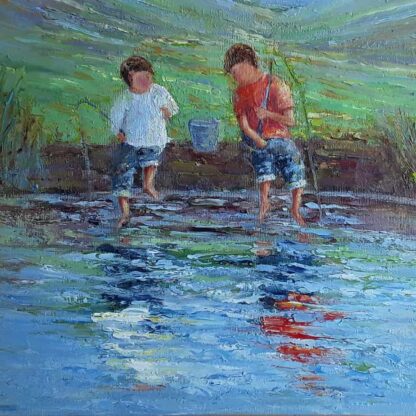 An original oil painting of children fishing