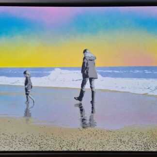 This painting entitled "The Best Things..." depicts a mother and daughter enjoying an evening stroll along the beach as the tide rolls out. The reflections in the wet sand have been painted with silver, overlaid with a touch of pink and blue, mirroring the colours in the sunset sky.  A dusting of glitter makes it really sparkle in the light alongside the metallic gold paint used for the sand.