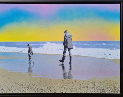 This painting entitled "The Best Things..." depicts a mother and daughter enjoying an evening stroll along the beach as the tide rolls out. The reflections in the wet sand have been painted with silver, overlaid with a touch of pink and blue, mirroring the colours in the sunset sky.  A dusting of glitter makes it really sparkle in the light alongside the metallic gold paint used for the sand.