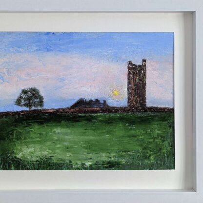 Daily view -  Landscape painting  of a famous landmark in Trim co. Meath.The Yellow Steeple overlooking the Porches Fields at sunset.