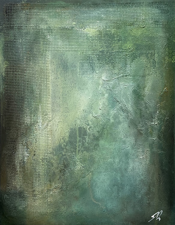 Textured, abstract painting employing mixed media techniques including