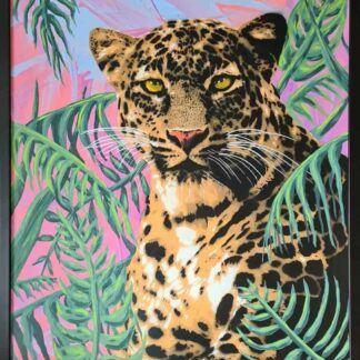 The Leopards's Town" this painting by Johnman Spraycan depicts a leopard emerging from greenery in a pop art, graffiti style.