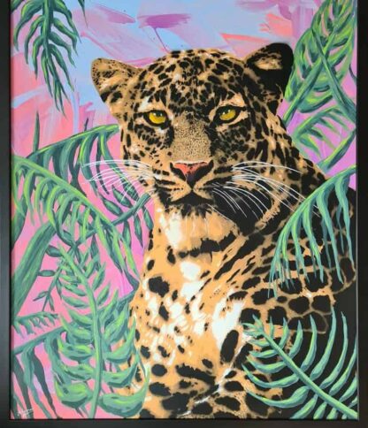 The Leopards's Town" this painting by Johnman Spraycan depicts a leopard emerging from greenery in a pop art, graffiti style.