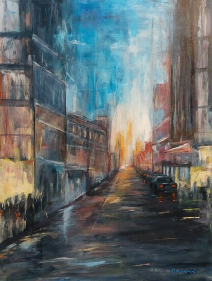 Street Scene Painting of a street at night - oil on canvas by Co.Meath artist David McCormack. Check out more art for sale on art4you.ie