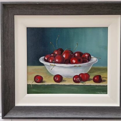 realistic and colourful still life painting of red cherries for sale on Ireland's online art gallery to buy and sell artwork