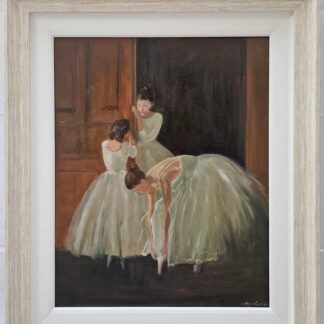 Figurative painting of two girls having ballet lessons. Check out our large selection of figurative art for sale by Irish artist.