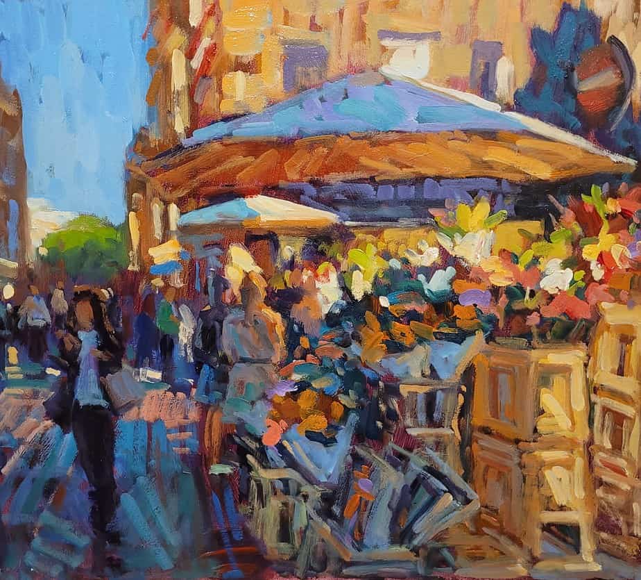 This is a streetscape painting of Grafton street flower market.