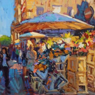 This is a streetscape painting of  Grafton street flower market.