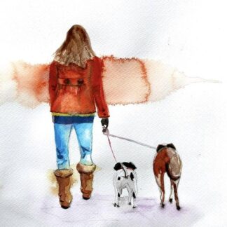 shop art, fine art, A day Off Work, fine art, walking dogs, orange coat, girl, lady, woman, boots, Irish artists, Irish art, Christmas gift