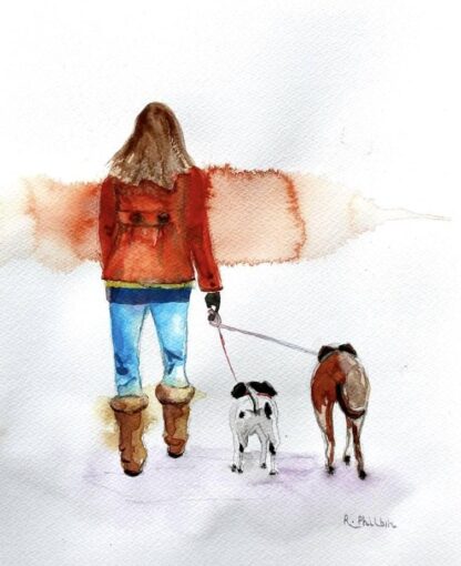 shop art, fine art, A day Off Work, fine art, walking dogs, orange coat, girl, lady, woman, boots, Irish artists, Irish art, Christmas gift