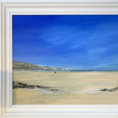 Original seascape painting for sale of a couple & their dog walking on the beach in late evening. Check out large selection of art for sale