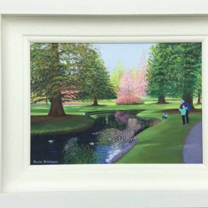 Landscape painting was inspired by a visit to the Botanic Gardens on a beautiful day in Summer . The scene by the duck pond was so beautiful