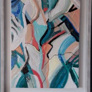 Abstract painting for sale with an underpinning of paint textures, in a deep white washed oak -effect frame.