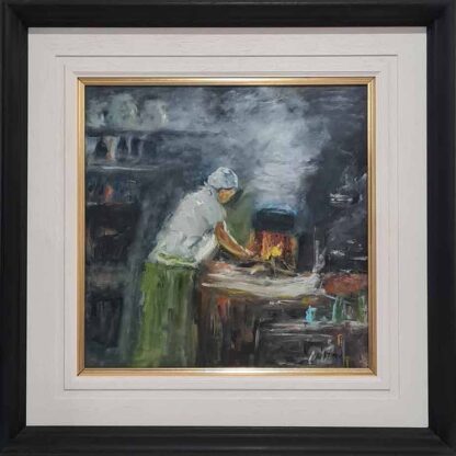 Oil painting of an old Irish making bread