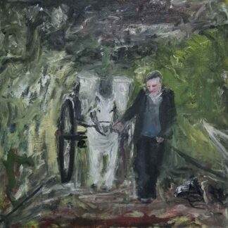 Oil painting of an old man walking with donkey and cart.