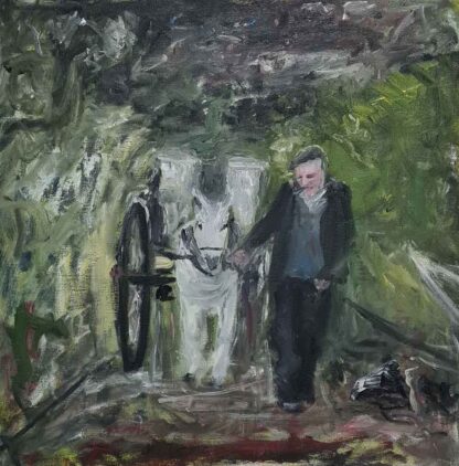 Oil painting of an old man walking with donkey and cart.