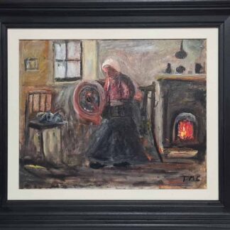 Oil painting of an old Irish woman spinning wool on a wheel.