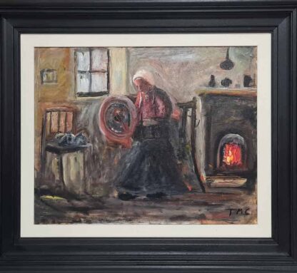 Oil painting of an old Irish woman spinning wool on a wheel.