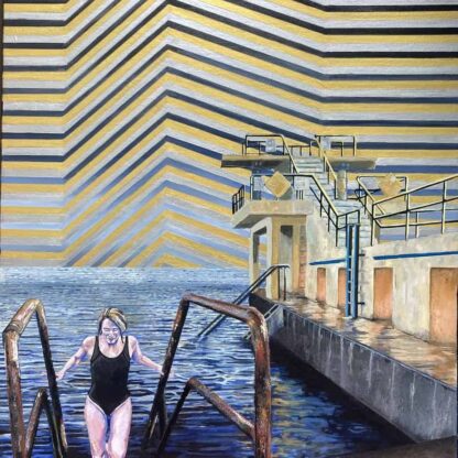 The painting features a striking image of a person emerging from icy blue water by Irish artist Sarah Grange.