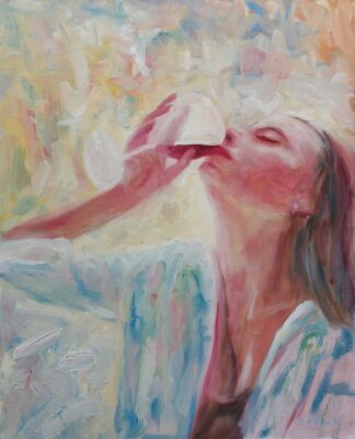 Figurative Oil painting of a woman having a glass of wine. Check out more of his artwork for sale on art4you.ie
