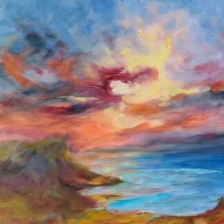 Oil painting of a sunset over the cliffs of moher county Clare