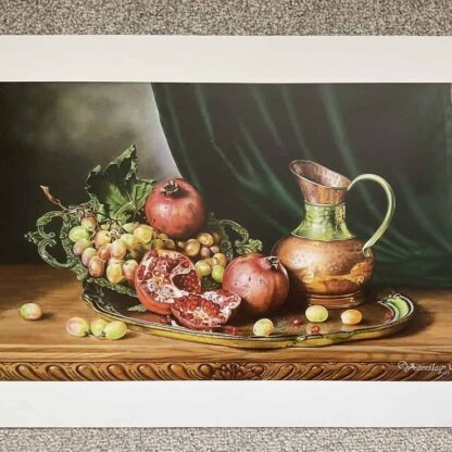 Painting of a copper jug with fruit oil painting print. Check out our large selection of prints of original paintings for sale