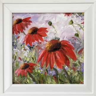 Original oil painting of red echinacea painted with a pallete knife. Framed and ready to hang.