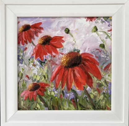 Original oil painting of red echinacea painted with a pallete knife. Framed and ready to hang.