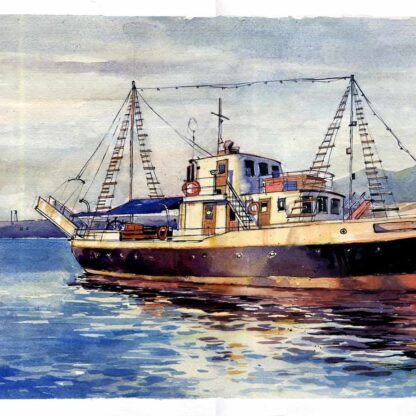 An original watercolour of a boat in Chania harbour in Crete, Greece, summer 2022.