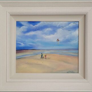 seascape painting of a happy scene of a child and a parent flying a kite on a bright and breezy Port Beach Co. Louth Ireland.