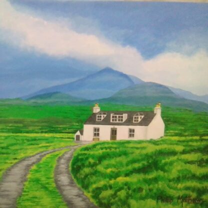 original acrylic on canvas painting of farm house with mountain backdrop. Check out more of our art for sale on Ireland's largest art gallery