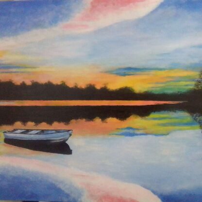 Original painting acrylic on canvas of rowing boat and sky reflections in the water. Check out more of our art for sale