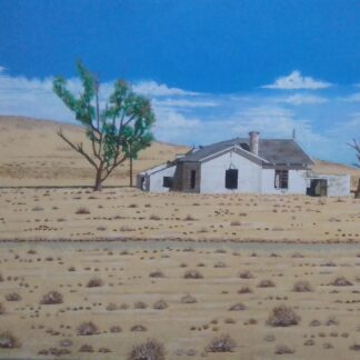 Original acrylic on canvas painting of deserted farm house in abandoned mining town in Namibia. Check out more of our art for sale