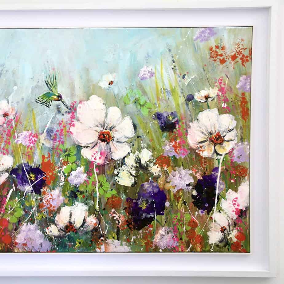 floral art, humming bird, flowers, large painting, Irish art, framed art